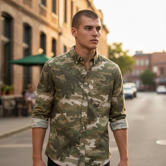 J Crew Camo button down shirt SLIM FIT FLEX green L6410 Mens SMALL 2019 - Picture 1 of 16